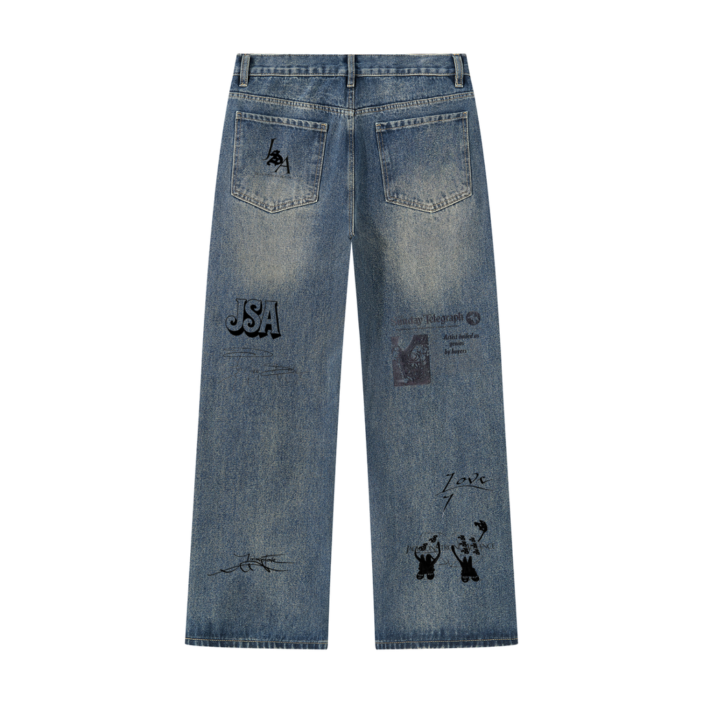 Turbines Vintage Wash Straight Leg Denim Jeans