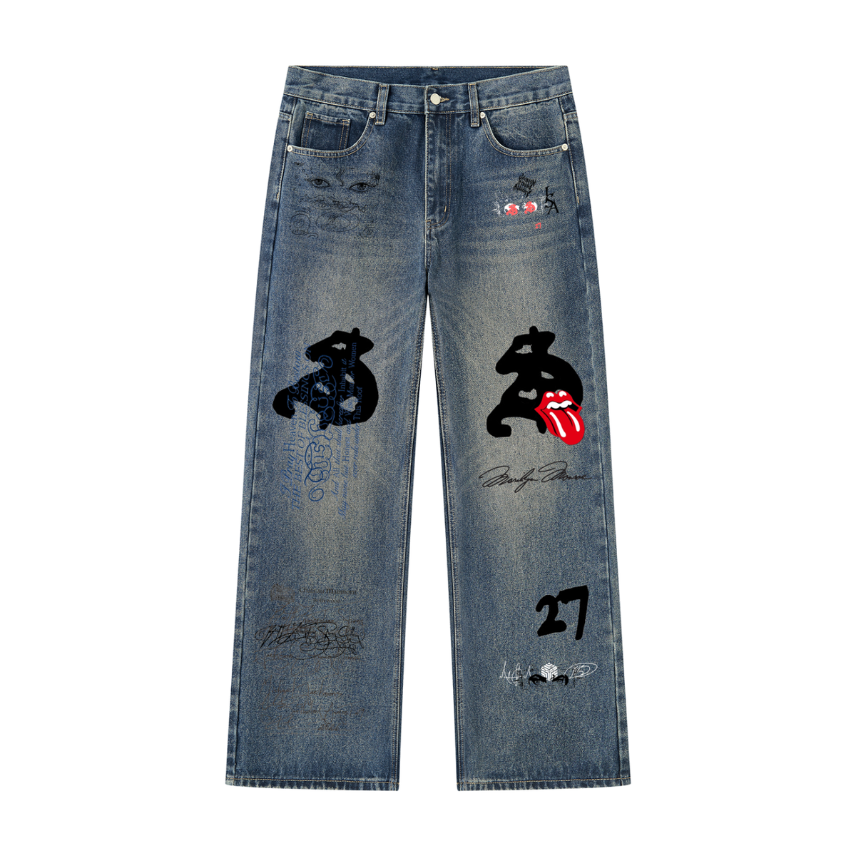 Turbines Vintage Wash Straight Leg Denim Jeans